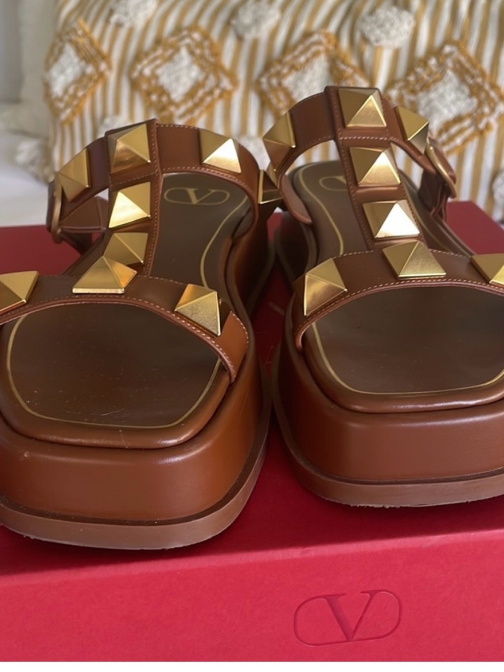 Valentino Garavani Brown Leather Platform Sandals with Gold Rockstuds